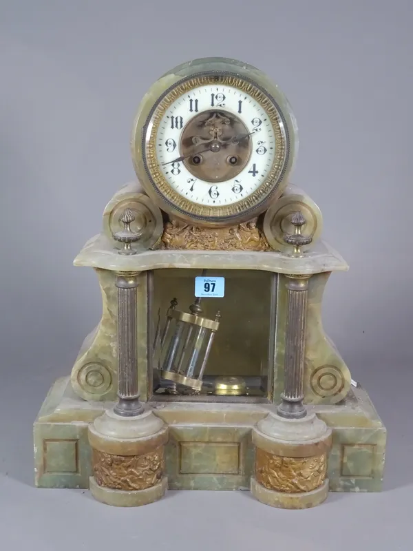 A 19th century onyx mantel clock with cherub decoration, 39cm wide x 47cm high, a 19th century black slate marble mantle clock 44cm wide x 35cm high a