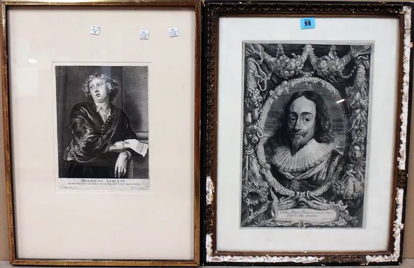 A group of seven prints and engravings of portraits and figurative subjects, including an engraving of King Charles I and another of Henricus Liberti,