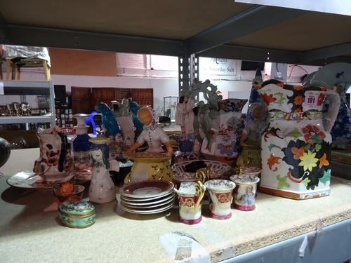 Ceramics, mainly 20th century and later, including; a pair of blue painted parrots, Staffordshire figures, Victorian jugs and sundry, (qty).  S2