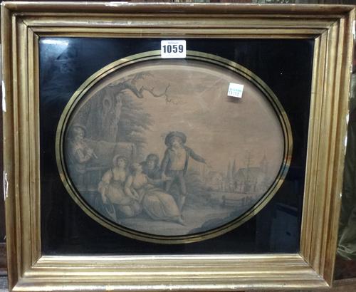 After Bartolozzi, Rustic scenes, a set of four stipple engravings, oval, in Verre Eglomise frames, each 23cm x 29cm.(4)
