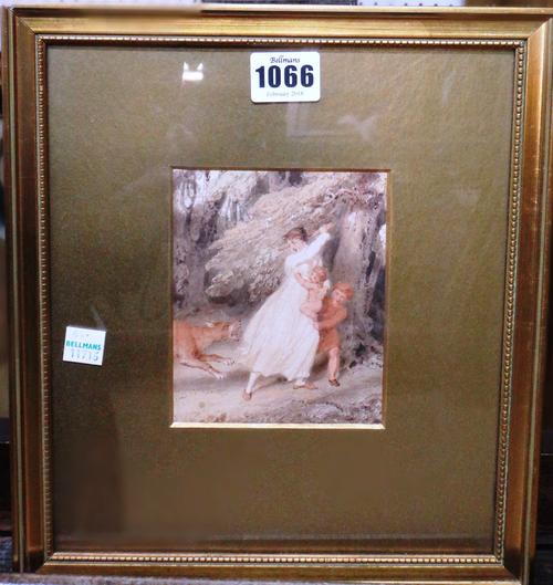 Manner of Richard Cosway, A mother protecting her children from a wolf, watercolour, 12cm x 9.5cm. 44