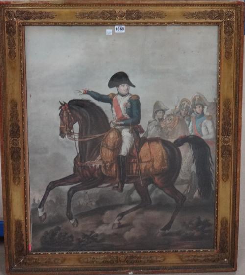 After Joseph Chabord, Napoleon leading troops on horseback, aquatint with hand colouring, 76cm x 61cm.