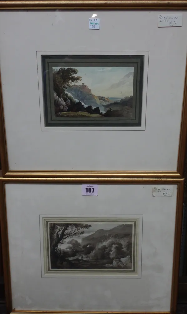 Attributed to George Vawser (19th century), Landscapes, two watercolour, one monochrome, the larger 10cm x 16.5cm.(2)  CAB