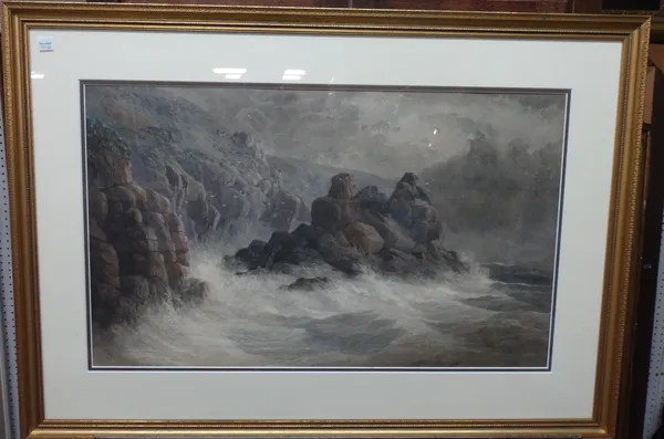 John Clarkson Uren (1845-1932), Breakers on a rocky coastline, watercolour with scratching out, signed and dated 1875, 38cm x 63cm.