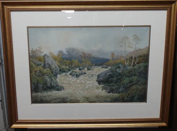 Arthur Suker (1857-1948), A Highland spate, watercolour heightened with white, signed, 38cm x 58.5cm.; together with a moorland scene by the same hand