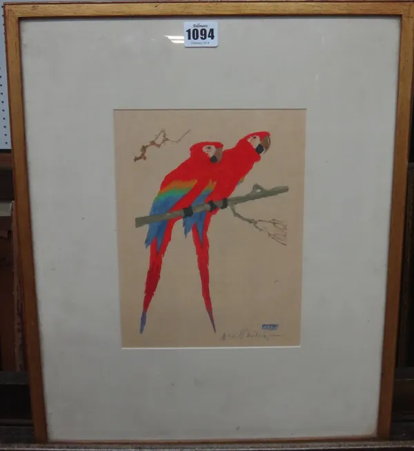 Martin Erich Philipp (1887-1978), Red Parrots, colour woodcut print, signed, 24cm x 18cm. DDS
