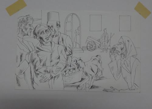 Gregoire Michonze (1902-1982), Market scene; Landscape; Figure Group; Landscape with tree; head studies; figure group; figures before buildings, six p