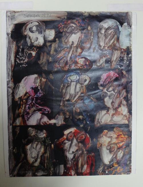 Attributed to Francis Newton Souza (1924-2002), 9 Heads, print and mixed media, bears a signature and dated 1971, unframed, 26.5cm x 20cm.