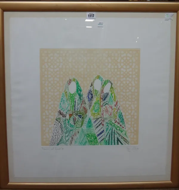 Issam El-Said (1938-1988), Three women, colour etching with aquatint, signed, numbered 82/100, dated '80, 35cm x 35cm. DDS