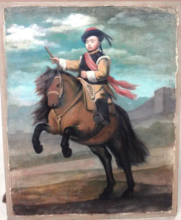 Yin Xin (b.1959), Portrait of the Last Emperor on horseback, as a pastiche after Velasquez, acrylic on canvas, signed and dated '99, inscribed on reve