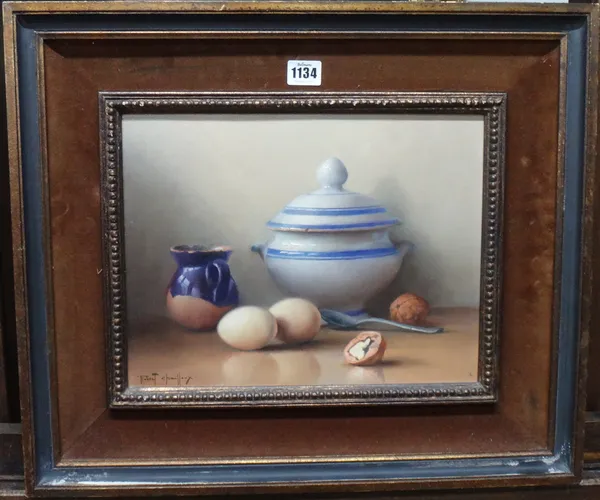 Robert Chailloux (1913-2005), Still life of pottery, eggs and walnuts, oil on board signed, 26cm x 33cm.; together with a further still life signed R.