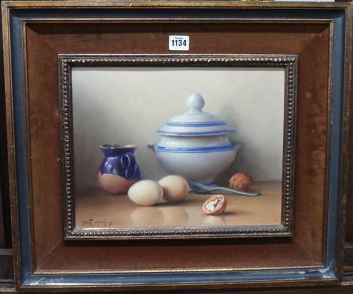 Robert Chailloux (1913-2005), Still life of pottery, eggs and walnuts, oil on board signed, 26cm x 33cm.; together with a further still life signed R.
