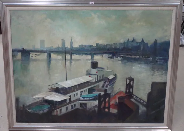 Matt Bru** (20th century), The Thames to the Houses of Parliament from Charing Cross, oil on board, indistinctly signed, inscribed on reverse, 90cm x