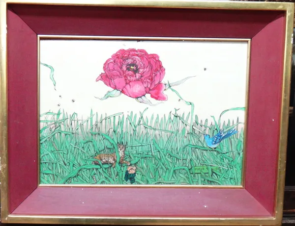 Fleur Cowles (1908-2009), Floating Rose; Roses and butterflies, two, oil on board, both signed and dated, one '68, one '69, the larger 26cm x 36cm.(2)