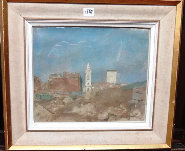 Attributed to William Coldstream (1908-1987), A Wren church amid London wartime ruins, oil on canvas laid on board, 30cm x 35cm.