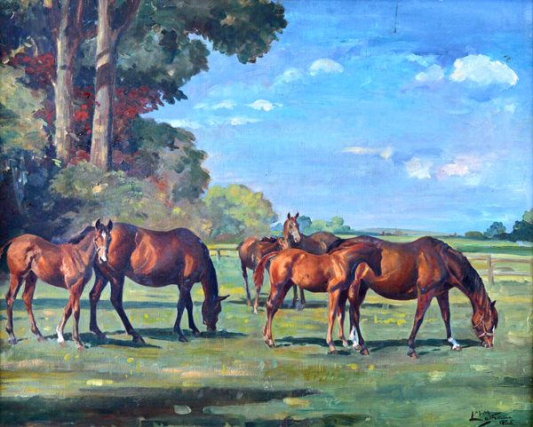 Molly Maurice Latham (1900-1987), Mares and foals at Woodhay Stud, Newbury, oil on canvas, signed and dated 1935, inscribed on stretcher, 59cm x 74cm.