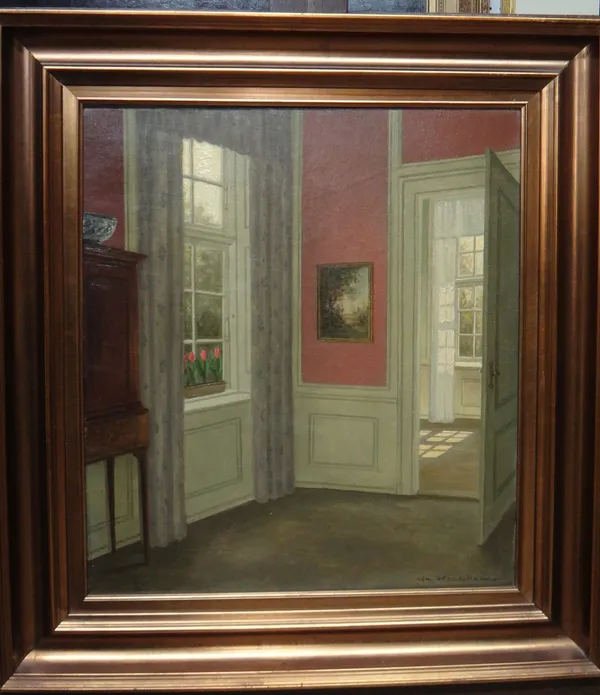 William Henrikson (1880-1964), Interior with rose coloured wall, oil on canvas, signed, 43cm x 38cm. DDS