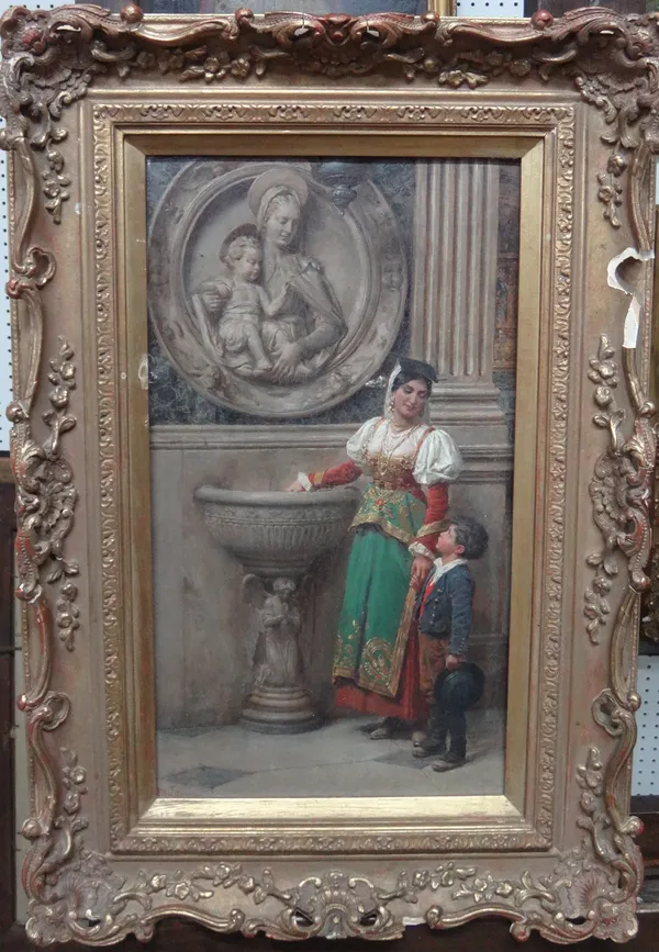 Fortunino Matania (1881-1963), Mother and son at a font, oil on canvasboard, signed, 43cm x 24cm. DDS