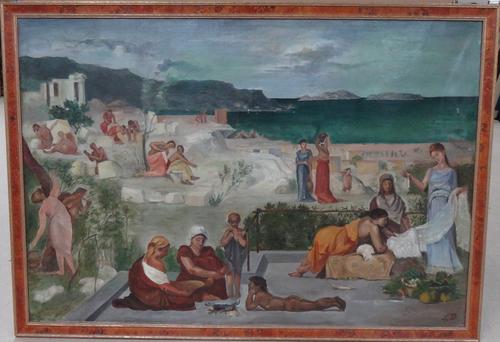 Luise Decroix? (early 20th century), Classical figures assembled near the coast, oil on canvas, indistinctly signed, 88cm x 129cm.