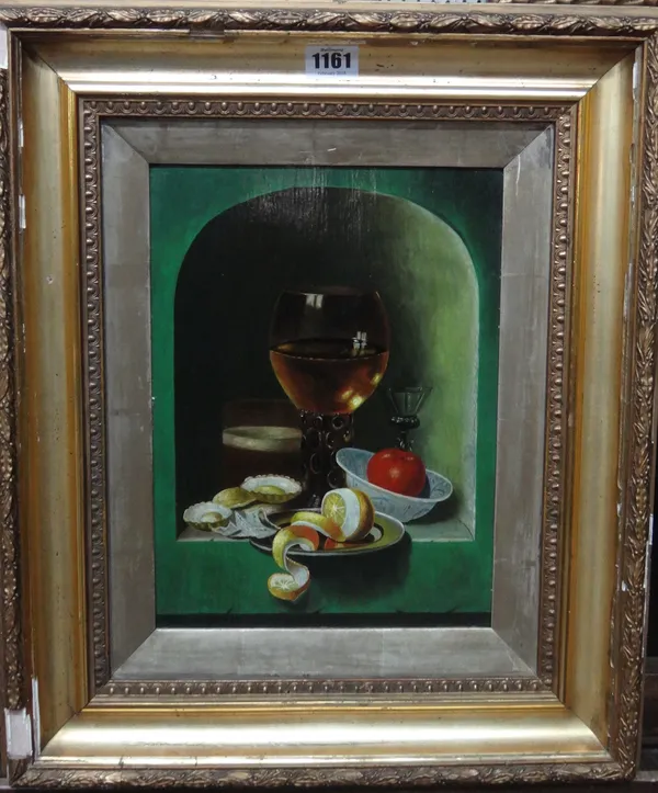 Continental School (19th/20th century), Still life of Roemer, lemon and oysters, oil on panel, 29cm x 21cm.