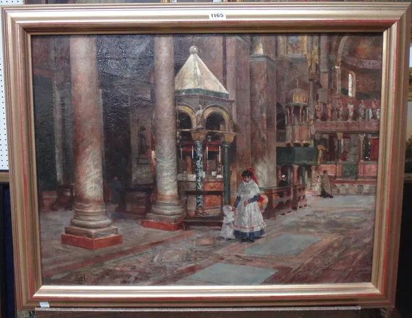 Continental School (19th century), Church interior with a girl dressed for her first communion, indistinctly signed, 50cm x 69cm. 46.2