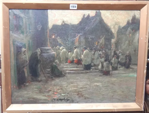 Thomas W. Morley (1859-1925), A processing with choristers filing into church, oil on canvas, signed, 44cm x 60cm.