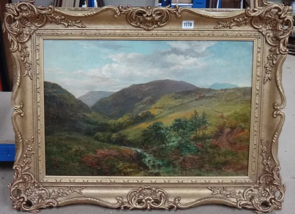 English School (19th century), Highland river landscape with Angler, oil on canvas, 39cm x 60cm.