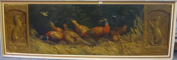 Danish school (late 19th century), Partridges and chicks; pheasants, a pair, oil on canvas, designed as over door panels, one unframed, each 50cm x 16