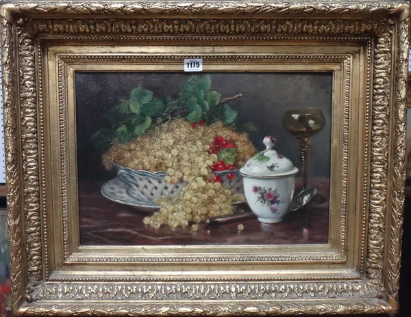 Continental School (19th century), Still life of white currants, porcelain and wine glass, oil on canvas, 31cm x 45cm. 46.3