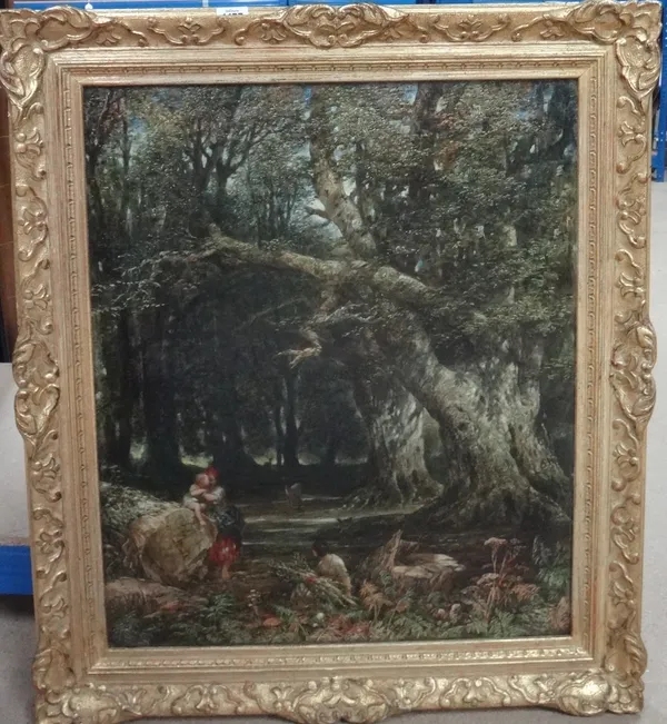 Attributed to Alfred Joseph Woolmer (1805-1892), Figures and deer in a wooded clearing, oil on canvas, 60cm x 50cm.