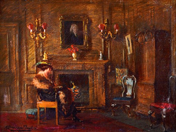 Albert Chevallier Tayler (1862-1925), A lady at the fireside, oil on canvasboard, signed, 44cm x 60cm.  Illustrated
