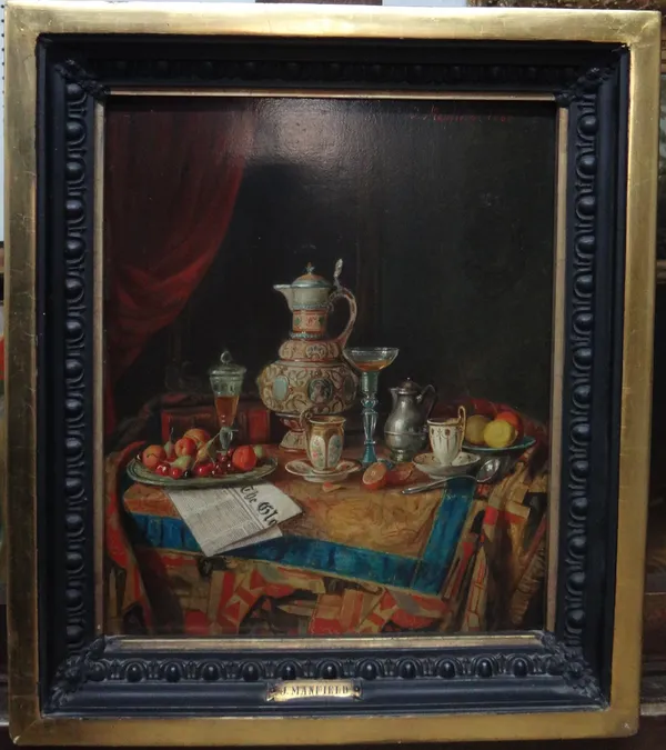 J. Manfield (19th century), Still life with fruit platter, wine glasses, newspaper and earthenware ewer, oil on panel, signed and dated 1886, 29.5cm x