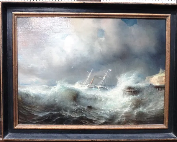 English School (19th century), A paddle steamer in a squall at the harbour mouth, oil on canvas, 31.5cm x 43cm.
