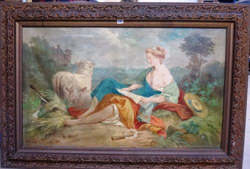 French School (early 20th century), Shepherdess and sheep, oil on canvas, indistinctly signed, 64cm x 108cm.
