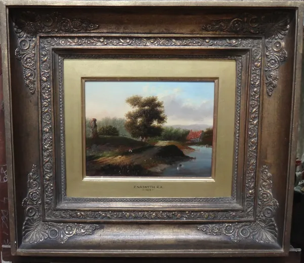 Circle of Patrick Nasmyth, River landscape, oil on panel, 21.5cm x 28.5cm.