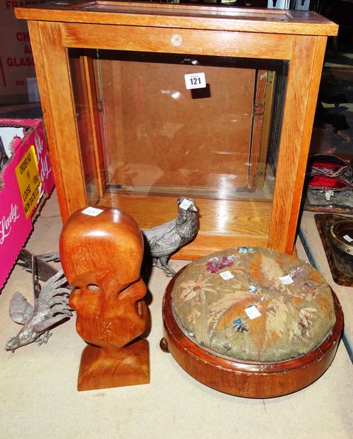 Collectables, including; a gilt framed tryptic dressing table mirror, three silver coloured metal pheasants, a wooden carved sculpture of faces, a pin