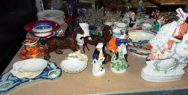 Ceramics, including; Beswick horses, Staffordshire figures, tea cups and saucers, glassware and sundry, (qty).  S2