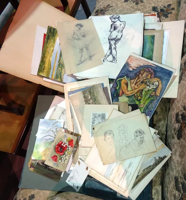 Two folders of assorted watercolours and drawings, including landscapes and marine, (qty).  CAB