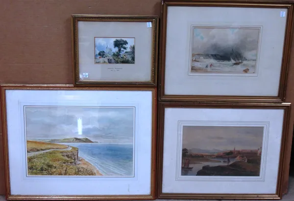 A group of four watercolours, including a village scene and a coastal scene by a follower of Copley Fielding, and two further coastal scenes by other