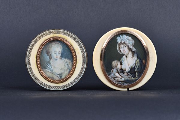 Two ivory circular boxes and covers set with portrait miniatures, 19th century, tortoiseshell lined, the first depicting a mother suckling a child, th