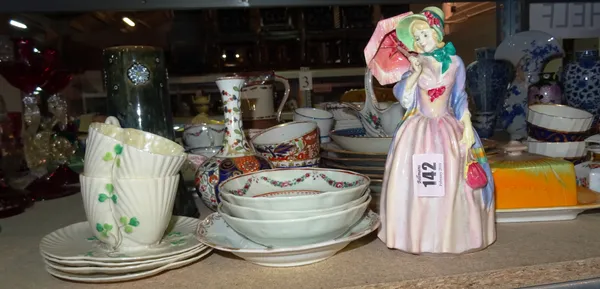 Ceramics, comprising; mainly 20th century, including Belleek cups and saucers, a Doulton figure of Miss Demure, an Imari decorated vase, assorted 19th