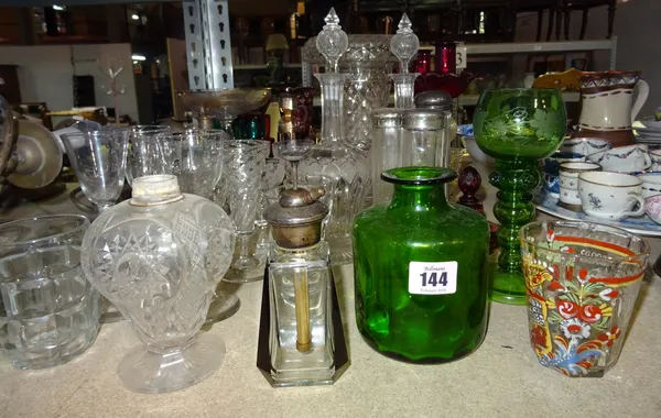 Glassware, including; mainly 20th century coloured and clear drinking vessels, a Bohemian cranberry glass goblet, Italian serpent candlesticks and sun