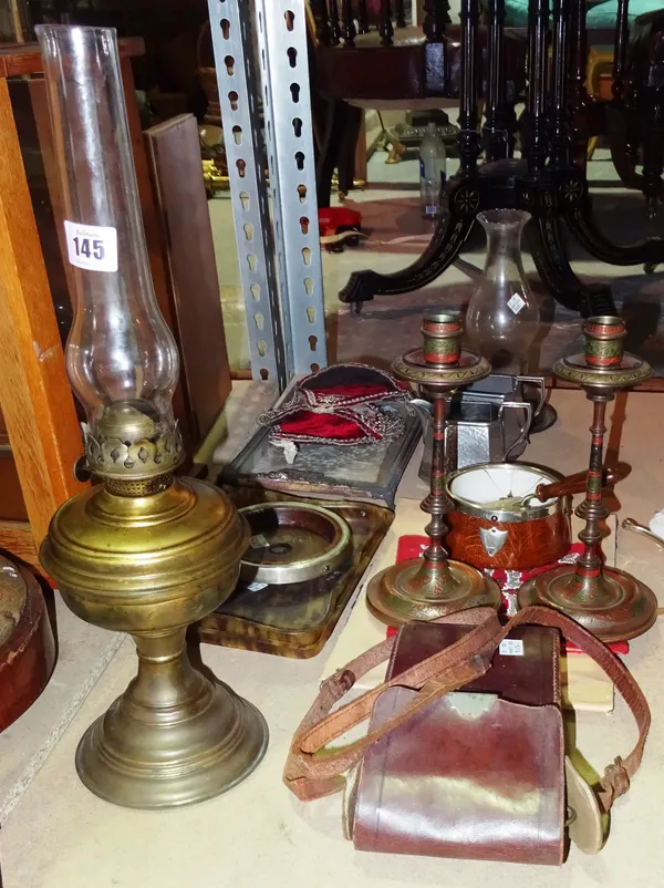 Collectables, including; a pair of bead work wall pockets, two brass oil lamps, a pair of Eastern candlesticks, an early 20th century camera and sundr