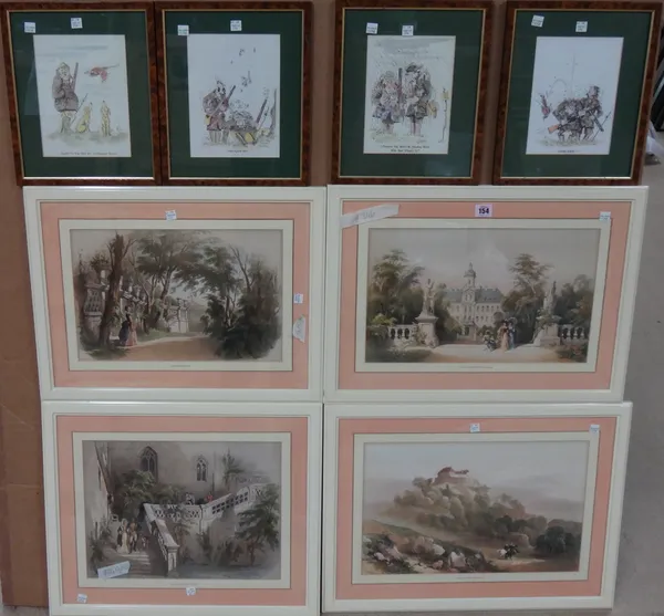 German School (19th century), Views of German Schlosses, lithographs with hand colouring, various sizes, together with four modern prints of shooting