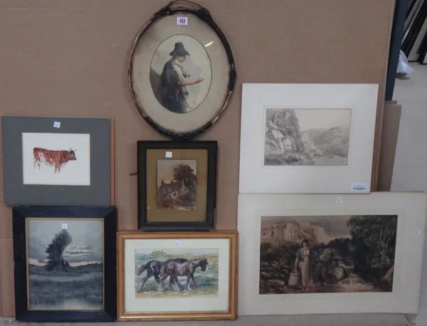 A group of assorted watercolours, including a study of a bull, circle of David Cox; a peasant study by James Hayllar; a gouache of horses; a monochrom
