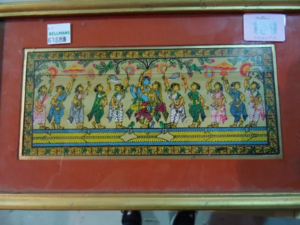 An Indian miniature painting depicting a dancing Krishna with devotees, overall measures 26cm wide x 15cm high.  CAB