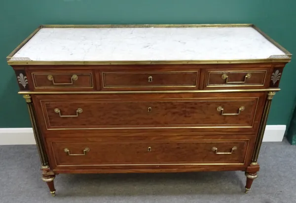 A Louis XVI style brass bound mahogany commode, early 20th century, the marble top over three short and two long graduated drawers, flanked by fluted