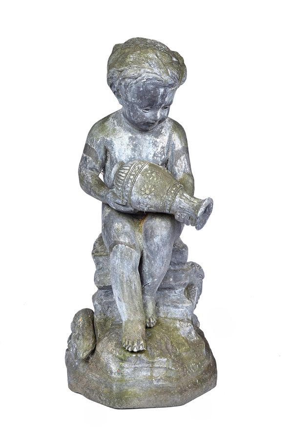 A lead figure of a seated boy, pouring water from an amphora, 75cm high x 36cm wide.  Illustrated