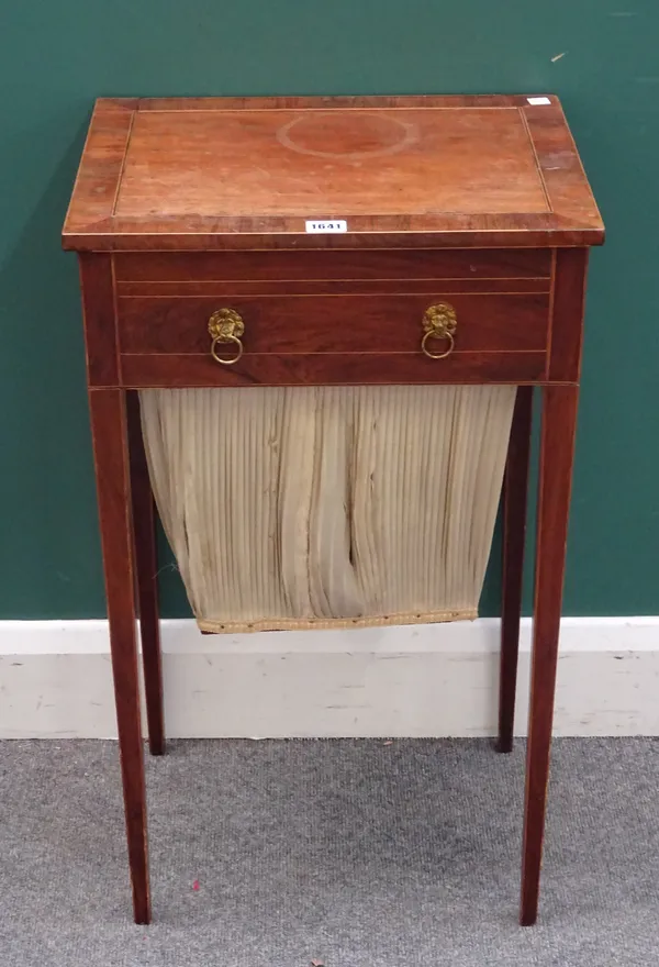 A George III mahogany work table, with angle adjustable top over fitted drawer and pull out wool box, on tapering square supports, 43cm wide x 73cm hi