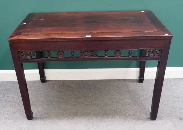 A 19th century Chinese Hongmu rectangular centre table, with pierced frieze, on block supports, 121cm wide x 65cm deep x 83cm high.